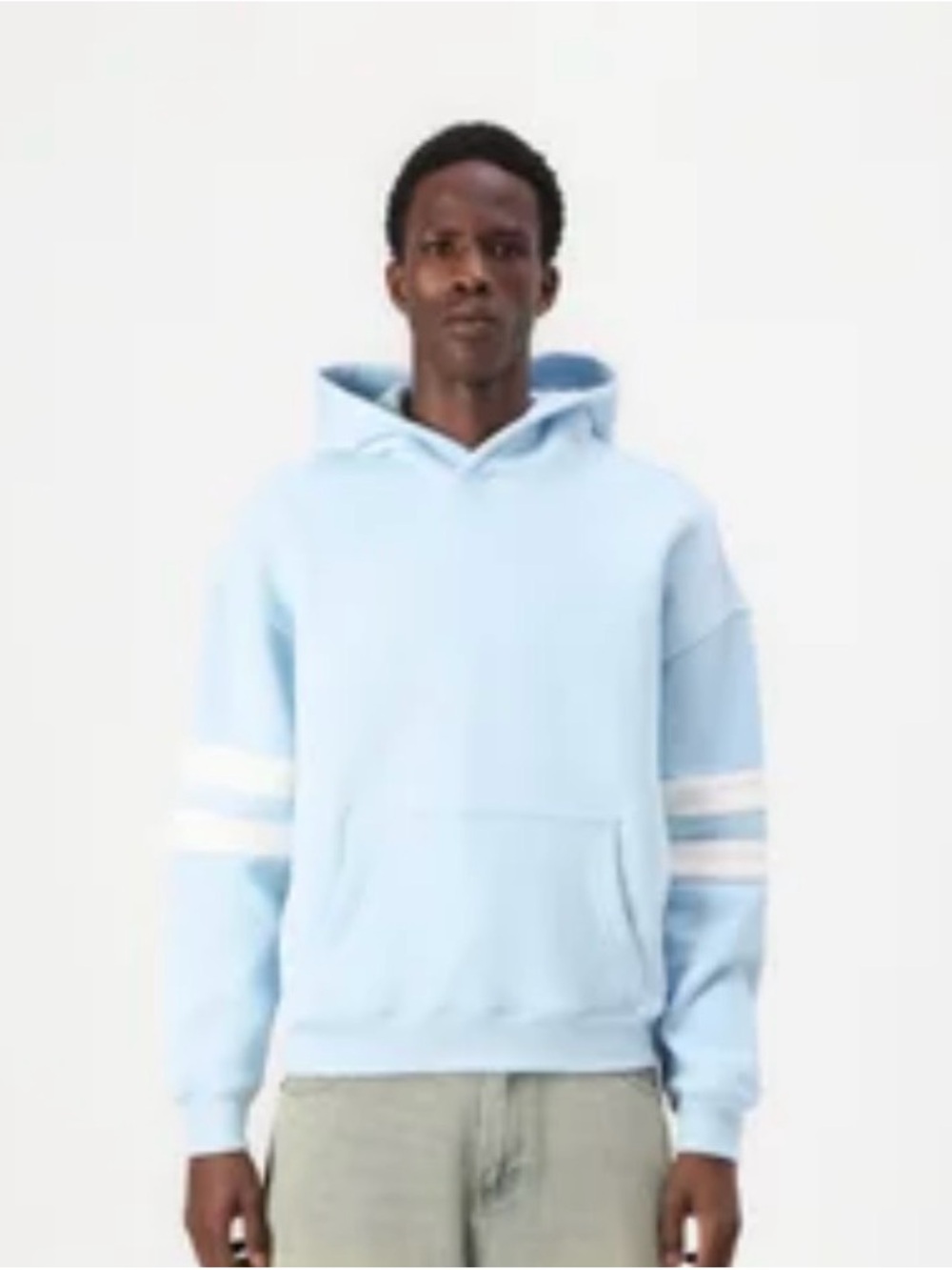 New Hollister Light Blue Hooded Sweatshirt with White Sleeve Stripes